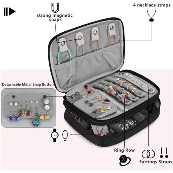 Travel Jewelry Organizer Case, Storage Bag Holder for Jewelery, Black - Picture 3 of 7